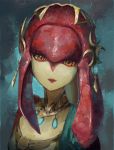  1girl breasts closed_mouth commentary_request fins fish_girl fjsmu hair_ornament highres jewelry lips long_hair looking_at_viewer mipha monster_girl multicolored multicolored_skin no_eyebrows pointy_ears red_skin redhead smile solo the_legend_of_zelda the_legend_of_zelda:_breath_of_the_wild upper_body yellow_eyes zora 