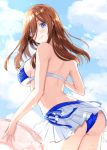  1girl absurdres ass back bangs bare_shoulders bikini bikini_skirt blue_bikini blue_eyes breasts brown_hair bubble bump-of-chinmen1208 closed_mouth clouds commentary_request day eyebrows_visible_through_hair go-toubun_no_hanayome hair_over_eyes highres holding holding_innertube innertube large_breasts long_bangs looking_at_viewer looking_to_the_side medium_hair nakano_miku outdoors sideboob signature sky smile solo swimsuit thighs 