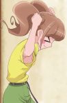  &gt;_&lt; 1girl bangs belt black_belt blush_stickers breasts brown_hair closed_mouth eyebrows_visible_through_hair green_skirt haruyama_kazunori healin&#039;_good_precure hiramitsu_hinata precure profile shirt short_hair short_sleeves skirt small_breasts smile solo twintails yellow_shirt 