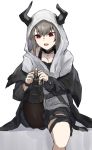  1girl arknights bangs black_choker choker commentary_request eyebrows_visible_through_hair grey_hair hair_between_eyes highres hood horns long_sleeves open_mouth raw_egg_lent red_eyes short_hair sitting solo vulcan_(arknights) white_background wristband 