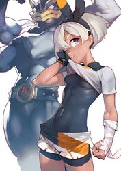  1girl abs ataruman bangs bea_(pokemon) black_bodysuit black_hairband bodysuit bodysuit_under_clothes bow_hairband breasts clenched_hand dark_skin gen_1_pokemon gloves grey_eyes grey_hair gym_leader hair_between_eyes hairband highres machamp muscle navel pokemon pokemon_(game) pokemon_swsh print_shirt print_shorts shirt short_hair short_sleeves shorts single_glove small_breasts stomach sweat tied_shirt two-tone_gloves 