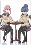  2girls :t absurdres black_legwear blue_eyes blue_hair cake chair commentary eating food hair_bun highres kagamihara_nadeshiko leadin_the_sky loafers long_hair mouth_hold multiple_girls pantyhose pink_hair school_uniform scrunchie shima_rin shoes sitting sleeves_past_wrists spoon_in_mouth table violet_eyes white_background yurucamp 