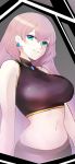  1girl absurdres blue_eyes breasts highres huge_filesize jakunikukyoushoku large_breasts long_hair looking_at_viewer looking_down megurine_luka midriff navel pink_hair smile solo very_long_hair vocaloid 