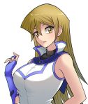  1girl blonde_hair blue_gloves breasts elbow_gloves fingerless_gloves gloves large_breasts long_hair looking_at_viewer open_mouth s1145 solo tenjouin_asuka white_background yellow_eyes yuu-gi-ou yuu-gi-ou_gx 