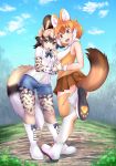  2girls :d african_wild_dog_(kemono_friends) african_wild_dog_print animal_ear_fluff animal_ears animal_print bare_arms bare_shoulders black_hair blue_shorts bodystocking boots bow bowtie breast_pocket brown_eyes brown_hair brown_skirt commentary_request cutoffs day denim denim_shorts dhole_(kemono_friends) dog_ears dog_girl dog_tail extra_ears eyebrows_visible_through_hair fang full_body gloves hair_between_eyes hand_up highres holding_hands interlocked_fingers kemono_friends kemono_friends_3 light_brown_hair long_sleeves looking_at_viewer looking_back medium_hair miniskirt multicolored_hair multiple_girls ninoji open_mouth outdoors paw_shoes pleated_skirt pocket print_legwear print_sleeves shirt shoe_soles shoes short_over_long_sleeves short_sleeves shorts sidelocks skirt sleeveless sleeveless_shirt smile standing standing_on_one_leg tail thigh-highs two-tone_hair upper_teeth white_gloves white_hair white_shirt yellow_eyes zettai_ryouiki 