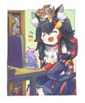  /\/\/\ 4girls :3 ahoge animal_ear_fluff animal_ears animal_on_head bangs black_hair black_shirt black_skirt black_sleeves bone_hair_ornament border brown_hair cat_ears cat_girl cat_tail chair chibi closed_eyes commentary_request desk detached_sleeves dog_ears dog_girl dog_tail eyebrows_visible_through_hair fox_ears fox_girl green_eyes hair_between_eyes hair_ornament hairclip highres holding_another hololive hololive_gamers inugami_korone jacket looking_at_another miochun monitor multiple_girls nekomata_okayu on_head ookami_mio open_door open_mouth purple_hair purple_hoodie red_eyes redhead shirakami_fubuki shirt sidelocks sitting skirt tail violet_eyes virtual_youtuber white_hair wolf_ears wolf_girl wolf_tail yellow_jacket yunra665 