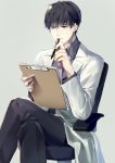  1boy absurdres black_eyes black_hair clipboard crossed_legs feet_out_of_frame highres holding holding_pen labcoat long_sleeves love_and_producer lucien_(love_and_producer) male_focus necktie pen simple_background sitting solo tefco uniform 