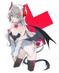  1girl bare_shoulders black_legwear blue_eyes blush closed_mouth collarbone demon_girl demon_horns demon_tail demon_wings grey_hair hair_between_eyes hair_ornament highres horns long_hair low_wings original pointy_ears red_horns red_neckwear ryou_(ponpgo) sleeves_past_wrists solo tail thigh-highs wings x x_hair_ornament x_x 