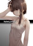  1girl absurdres asymmetrical_hair breasts brown_eyes brown_hair closed_mouth dress hair_ornament hairclip highres huge_filesize iwakura_lain masahito_(yomenu) serial_experiments_lain short_hair simple_background small_breasts solo white_background x_hair_ornament 