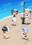  4girls amatsukaze_(kantai_collection) beach bikini black_bikini black_hair blue_hair blue_sky brown_hair camera chibi clouds collarbone commentary_request cover cowboy_shot dress frilled_bikini frills hair_tubes hat hatsukaze_(kantai_collection) kantai_collection long_hair looking_at_viewer multiple_girls nassukun ocean open_mouth reflector_(photography) rensouhou-kun round_teeth sand short_hair short_hair_with_long_locks sidelocks sky smile speaking_tube_headset stage_lights straw_hat sun_hat swimsuit teeth tokitsukaze_(kantai_collection) two_side_up upper_teeth waves white_dress white_hair windsock yellow_bikini yukikaze_(kantai_collection) 