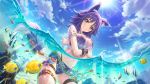  1girl animal_ears beach bikini blue_sky clouds coral crop_top fish makoto_(princess_connect!) navel ocean official_art outdoors partially_submerged princess_connect! princess_connect!_re:dive purple_hair sky submerged swimsuit tail water wolf_ears wolf_girl wolf_tail yellow_eyes 