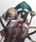  1girl artist_request bare_shoulders black_hair blue_headwear blush breasts bridal_gauntlets brown_eyes chinese_clothes consort_yu_(fate) doll fate/grand_order fate_(series) hair_ornament hair_over_one_eye hairpin hat highres long_sleeves looking_at_viewer mole mole_under_eye orb pout puffy_cheeks short_hair small_breasts white_robe wide_sleeves xu_fu_(fate) 