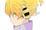  1boy blonde_hair d_futagosaikyou expressionless from_side green_eyes headphones high_collar kagamine_len kagamine_len_(append) looking_at_viewer male_focus portrait short_ponytail sideways_glance spiky_hair vocaloid vocaloid_(tda-type_ver) vocaloid_append white_background 