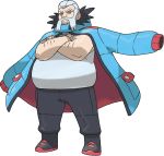  1boy arm_hair artist_request black_footwear black_pants blue_coat boots closed_mouth coat coat_on_shoulders crossed_arms facial_hair fat full_body grey_eyes grey_hair gym_leader happy jewelry looking_at_viewer male_focus mustache necklace official_art pants pokemon pokemon_(game) pokemon_xy shiny shiny_clothes shirt short_hair sleeveless sleeveless_shirt smile solo standing transparent_background white_shirt wulfric_(pokemon) 