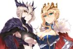 2girls artoria_pendragon_(all) artoria_pendragon_(lancer) artoria_pendragon_(lancer_alter) bangs blonde_hair blue_leotard braid breasts cape crown fate/grand_order fate_(series) french_braid fur-trimmed_cape fur_trim green_eyes hair_between_eyes highres koufu_(seratin) large_breasts leotard multiple_girls red_cape revealing_clothes sidelocks simple_background swept_bangs under_boob upper_body white_background yellow_eyes 
