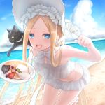  1girl abigail_williams_(fate/grand_order) abigail_williams_(swimsuit_foreigner)_(fate) absurdres artist_request bangs bare_shoulders bikini black_cat blonde_hair blue_eyes blush bonnet bow breasts cat fate/grand_order fate_(series) food forehead hair_bow highres leaning_forward long_hair looking_at_viewer miniskirt navel ocean open_mouth pancake parted_bangs sidelocks skirt small_breasts smile swimsuit thighs twintails very_long_hair white_bikini white_bow white_headwear 