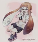  :o bike_shorts black_shorts domino_mask fangs full_body greenpantsu hands_on_own_face highres inkling long_hair mask orange_hair pointy_ears shirt shoes shorts single_vertical_stripe sneakers splatoon_(series) t-shirt tentacle_hair very_long_hair white_shirt 