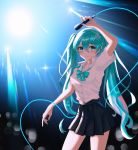  1girl absurdres black_skirt blue_eyes blue_hair hand_up hatsune_miku highres holding holding_microphone long_hair looking_at_viewer microphone riri_(7smnzdu) skirt solo standing twintails very_long_hair vocaloid 