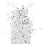  2girls animal_ears arknights arms_around_neck cooking english_text frying_pan greyscale highres lappland_(arknights) long_hair monochrome multiple_girls plerngrf shirt shorts sketch texas_(arknights) traditional_media white_background wolf_ears 
