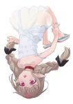  1girl :o bare_legs bare_shoulders barefoot_sandals black_ribbon blush braid collar collarbone dress falling full_body grey_hair hair_ribbon highres long_hair makaino_ririmu multicolored_hair nijisanji open_mouth pointy_ears red_collar red_eyes redhead ribbon sabamen sandals see-through simple_background solo strap_slip streaked_hair twin_braids twintails upside-down virtual_youtuber white_background white_dress 