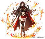  1girl apt armor boots brown_hair cape fire gemini_seed high_heel_boots high_heels knight lance polearm skirt thigh-highs weapon zettai_ryouiki 