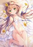  1girl :o amedamacon arm_up armpits babydoll bangs bare_arms bare_legs bare_shoulders barefoot bed_sheet blue_ribbon blush brown_hair commentary eyebrows_visible_through_hair flower green_eyes hair_between_eyes hair_ribbon highres holding holding_flower long_hair low_twintails lying navel on_back original panties parted_lips petals ribbon side-tie_panties solo symbol_commentary twintails underwear underwear_only very_long_hair white_panties yellow_flower 