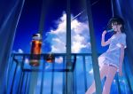  1girl achiki black_hair blue_eyes blue_sky blurry_foreground clouds condensation_trail day food leaning_back open_door original popsicle shirt short_hair shorts sky sliding_doors solo t-shirt wind 
