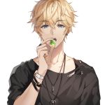  1boy black_shirt blonde_hair blue_eyes candy earrings eyebrows_visible_through_hair food hair_between_eyes jewelry love_and_producer male_focus musu0626 necklace ring shirt simple_background solo torn_clothes torn_shirt upper_body watch watch white_background zhou_quiluo 