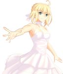  1girl absurdres ahoge alternate_costume artoria_pendragon_(all) bare_shoulders blonde_hair braid breasts cowboy_shot dress fate/stay_night fate_(series) french_braid green_eyes highres katidoki medium_breasts outstretched_arms ribbon saber short_hair smile solo white_background white_dress white_ribbon 
