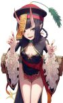  1girl 7aehyun bangs blush breasts chinese_clothes fate/grand_order fate_(series) hair_rings hat heroic_spirit_festival_outfit highres horns jiangshi long_sleeves looking_at_viewer ofuda oni oni_horns open_mouth purple_hair qing_guanmao short_hair shuten_douji_(fate/grand_order) simple_background skin-covered_horns smile violet_eyes white_background 