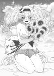  1girl anno88888 bangs bikini blush breasts clouds denim denim_shorts enemy_lifebuoy_(kantai_collection) flower gambier_bay_(kantai_collection) greyscale hairband hat highres holding holding_flower kantai_collection large_breasts long_hair mini_hat monochrome open_mouth shinkaisei-kan shoes shorts signature sitting sky sneakers sparkle strapless strapless_bikini sunflower swimsuit twintails 