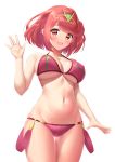  1girl :d \||/ absurdres arm_up ass_visible_through_thighs bangs bikini breasts eyebrows_visible_through_hair highres ken-san large_breasts navel open_mouth pyra_(xenoblade) red_bikini red_eyes redhead shiny shiny_hair short_hair simple_background smile stomach swimsuit thigh_gap tiara under_boob waving white_background xenoblade_chronicles_(series) xenoblade_chronicles_2 