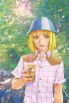  1boy :d aizen_(syoshiyuki) blonde_hair bobblehat collared_shirt day dokidoki!_precure dress_shirt drinking_straw forest highres holding joe_okada looking_at_viewer male_focus nature open_mouth outdoors plaid plaid_shirt precure shiny shiny_hair shirt short_hair short_sleeves smile solo upper_body white_shirt wing_collar yellow_eyes 