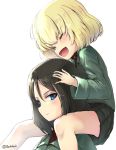  2girls :d bangs black_hair black_skirt blonde_hair buchikaki carrying closed_eyes closed_mouth fang girls_und_panzer green_jacket hand_on_another&#039;s_head happy insignia jacket katyusha_(girls_und_panzer) long_hair long_sleeves looking_at_viewer miniskirt multiple_girls nonna_(girls_und_panzer) open_mouth pleated_skirt pravda_school_uniform red_shirt school_uniform shirt short_hair shoulder_carry skin_fang skirt smile swept_bangs turtleneck twitter_username white_background 