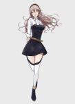  1girl alternate_costume ankle_boots arms_behind_back ascot bangs belt belt_buckle black_dress black_footwear black_hairband boots breasts brown_hair buckle corrin_(fire_emblem) corrin_(fire_emblem)_(female) dress eyebrows_visible_through_hair fire_emblem fire_emblem:_three_houses fire_emblem_fates full_body garreg_mach_monastery_uniform grey_background hair_between_eyes hairband highres long_hair long_sleeves medium_breasts red_eyes roroichi simple_background solo standing thigh-highs white_legwear white_neckwear zettai_ryouiki 