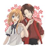  2boys ;d ^_^ blonde_hair blue_eyes brown_hair closed_eyes japanese_clothes kashuu_kiyomitsu locked_arms male_focus midare_toushirou mole mole_under_mouth multiple_boys one_eye_closed open_mouth ponytail red_nails red_scarf scarf smile sunomata touken_ranbu twitter_username upper_body 