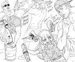  2girls 3boys abs alcohol backwards_hat bb_(baalbuddy) beer_hat beer_keg bow breasts crazy_eyes denim drunk english_text fang greyscale hat highres horns hoshiguma_yuugi ibuki_suika jeans monochrome multiple_boys multiple_girls muscle muscular_female pants sweatdrop touhou 