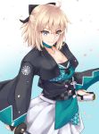  1girl absurdres black_bow blonde_hair bow fate/grand_order fate_(series) gradient gradient_background hair_bow half_updo haori highres holding holding_sheath holding_sword holding_weapon japanese_clothes katana obi okita_souji_(fate) okita_souji_(fate)_(all) sash scabbard sheath shinsengumi solo sword unsheathed weapon wide_sleeves yellow_eyes yu_sa1126 