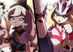  2girls absurdres bangs bea_(pokemon) bicycle_helmet bike_shorts black_bodysuit black_hairband blonde_hair blurry bodysuit bodysuit_under_clothes bow_hairband clenched_hands closed_mouth collared_shirt commentary_request eyelashes gloves grey_eyes grey_hair gym_leader hair_between_eyes hairband helmet highres korrina_(pokemon) leg_up long_hair multiple_girls open_mouth pokemon pokemon_(game) pokemon_swsh pokemon_xy pon_yui print_shirt print_shorts shiny shiny_hair shirt short_hair short_sleeves shorts single_glove split_screen teeth tied_shirt tongue 