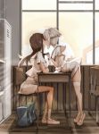  2girls backlighting bag bent_over brown_hair chair classroom desk genek kiss locker multiple_girls necktie necktie_grab neckwear_grab original sailor_collar school_bag school_uniform serafuku short_hair thigh-highs white_legwear window yuri 