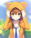  1girl animal_ears animal_hood bag blue_bow blue_neckwear blurry blurry_background bow brown_hair closed_mouth collared_shirt day eyebrows_visible_through_hair fake_animal_ears hachigatsu_no_cinderella_nine hair_between_eyes hair_bow hair_ornament high_school_fleet highres hood hood_up hooded_jacket jacket long_hair long_sleeves looking_at_viewer minutachi necktie open_clothes open_jacket outdoors red_bow sailor_collar sailor_shirt shiny shiny_hair shirt smile solo ukita_akane upper_body white_shirt x_hair_ornament yellow_eyes yellow_jacket 