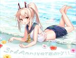  1girl anniversary armpit_crease ayanami_(azur_lane) azur_lane bare_arms bare_shoulders barefoot beach blonde_hair blue_skirt crop_top flower full_body hibiscus highres kiyosato_0928 legs_up long_hair looking_at_viewer lying midriff miniskirt neckerchief on_stomach open_mouth ponytail red_eyes red_flower sailor_collar shirt sidelocks skirt sleeveless sleeveless_shirt smile solo the_pose water waves white_flower white_shirt yellow_flower 