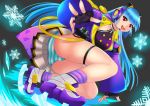  1girl alternate_costume bangs behind_back blue_hair dress fingerless_gloves gloves headphones ice_skates kula_diamond long_hair looking_at_viewer meierufu panties simple_background skates smile snowflakes striped striped_panties the_king_of_fighters underwear violet_eyes 