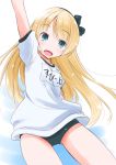  1girl absurdres arm_up black_buruma blonde_hair blue_eyes buruma commentary_request cowboy_shot gym_uniform highres jervis_(kantai_collection) kantai_collection kin-iro_mosaic long_hair looking_at_viewer name_tag shirt smile solo t-shirt taisinkoku white_background white_shirt 