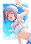  1girl absurdres armpits bare_shoulders black_eyes blue_sky choker clouds flat_chest grey_hair hair_ribbon hand_up highres idolmaster idolmaster_cinderella_girls jewelry looking_at_viewer midriff mikapoe navel necklace one_eye_closed open_mouth otokura_yuuki ribbon short_hair sky solo sunglasses sweat upper_body wrist_cuffs 