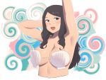  1girl :d arm_up armpits bikini black_hair blush breasts hand_behind_head highres large_breasts looking_at_viewer open_mouth original ryokucha_michi shell shell_bikini simple_background smile swimsuit upper_body 