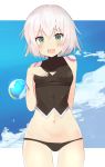  1girl :d absurdres arm_behind_back bandages bangs bare_shoulders black_panties blue_sky blush breasts chorome1122 cleavage_cutout clouds commentary_request cowboy_shot day eyebrows_visible_through_hair facial_scar fate/apocrypha fate_(series) green_eyes groin hand_on_own_chest hand_up highres jack_the_ripper_(fate/apocrypha) looking_at_viewer lowleg lowleg_panties navel open_mouth panties scar scar_across_eye scar_on_cheek short_hair shoulder_tattoo silver_hair sky small_breasts smile solo tattoo underwear 