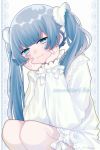  1girl :3 absurdres blue_eyes blue_hair blue_nails bow character_name frilled_sleeves frills hatsune_miku highres jewelry kneeling lace lace_legwear long_hair loose_clothes ring sidelocks signature smug tsubaki_tsubaru twintails vocaloid white_bow wrist_bow 