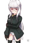  1girl animal_ears bangs black_gloves blunt_bangs breasts buttons commentary expressionless eyebrows_visible_through_hair finalcake glasses gloves heidimarie_w_schnaufer large_breasts long_hair long_sleeves military military_uniform necktie panties parted_lips red_eyes red_neckwear simple_background solo standing strike_witches thigh-highs underwear uniform white_background white_panties wing_collar world_witches_series 