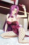  1girl alternate_costume animal_ears bed blush breasts bunny_tail code_geass commentary commentary_request cornelia_li_britannia fishnet_legwear fishnets inou_hiroaki large_breasts long_hair open_mouth purple_hair rabbit_ears sitting solo tail violet_eyes wrist_cuffs 